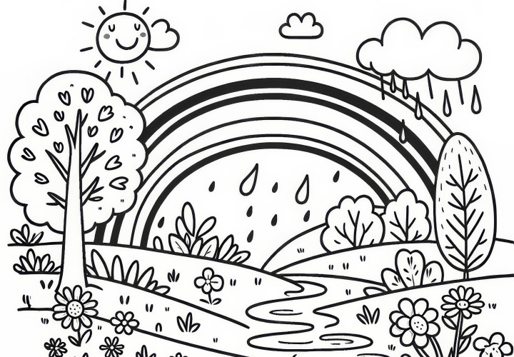 Rainbow after spring rain in March: Free coloring page