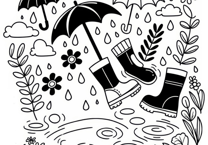 Boots, umbrellas, and puddles in March: Free coloring picture