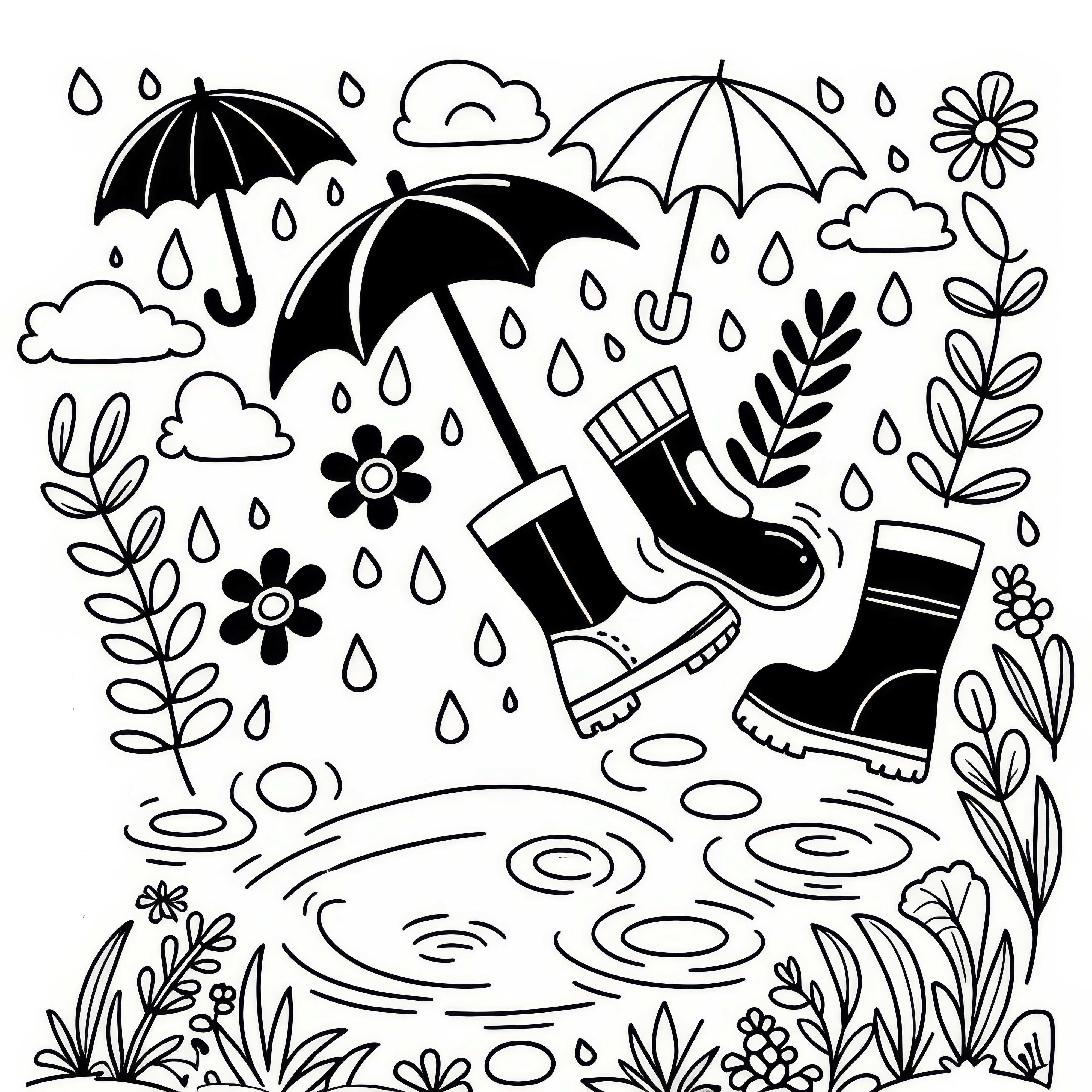 Boots, umbrellas, and puddles in March: Free coloring sheet