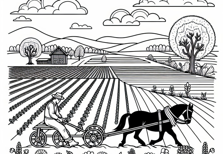 Farmer plows field in preparation for planting in March: Coloring page for free