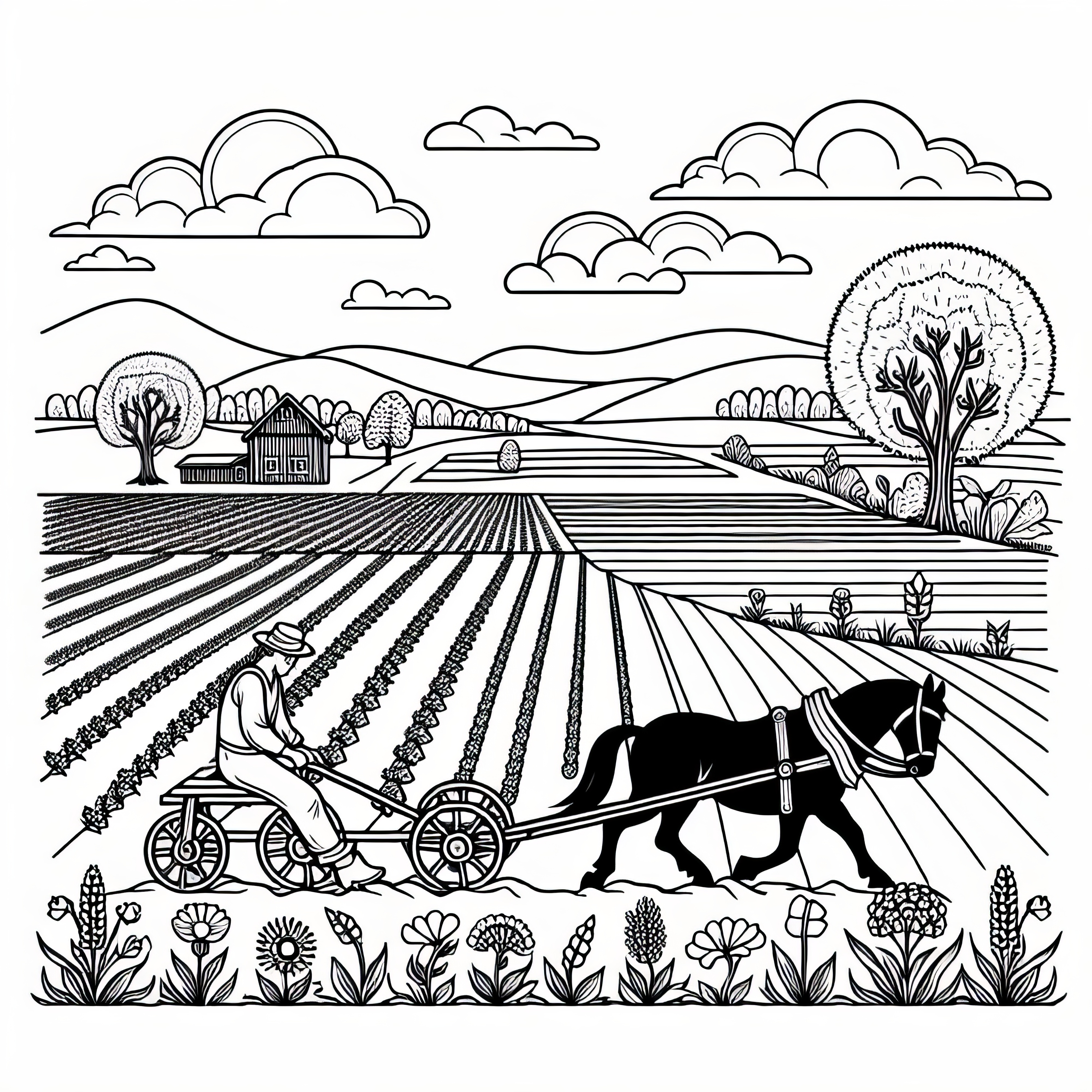 Farmer plows field in preparation for sowing in March: Coloring page free