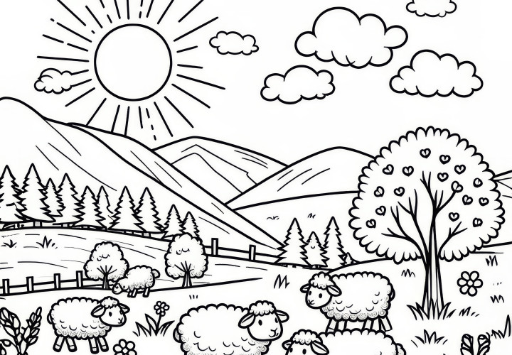 Sheep with lambs in the meadow in March: Free coloring page