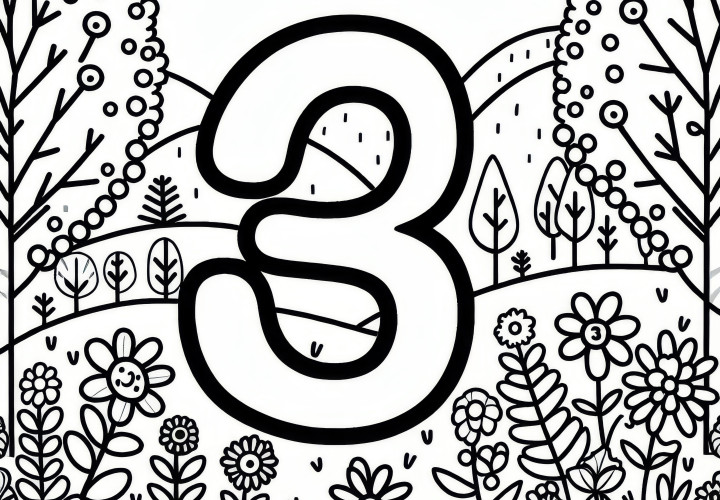 Number 3 on flower meadow: Free coloring page