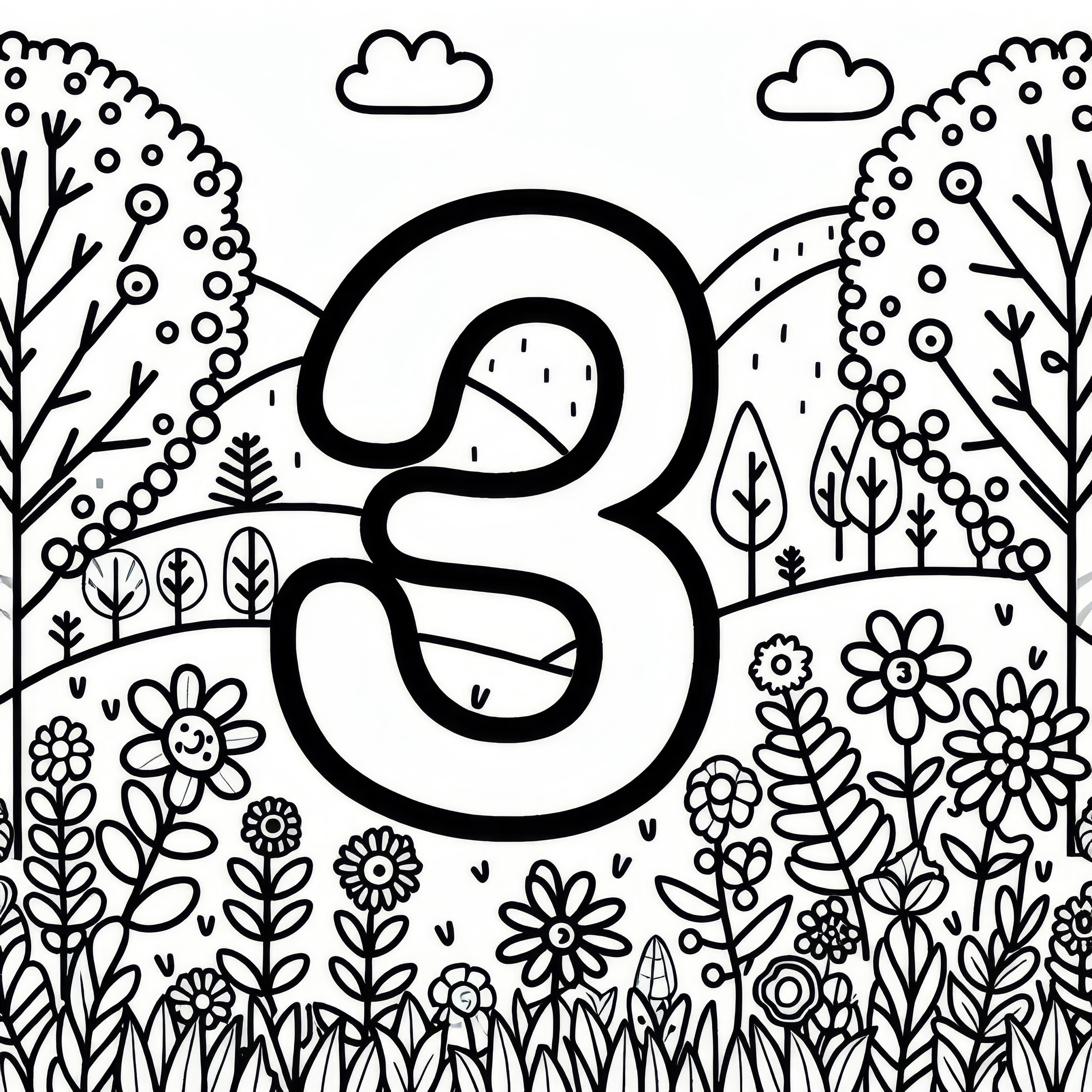 Number 3 on flower meadow: Free coloring page