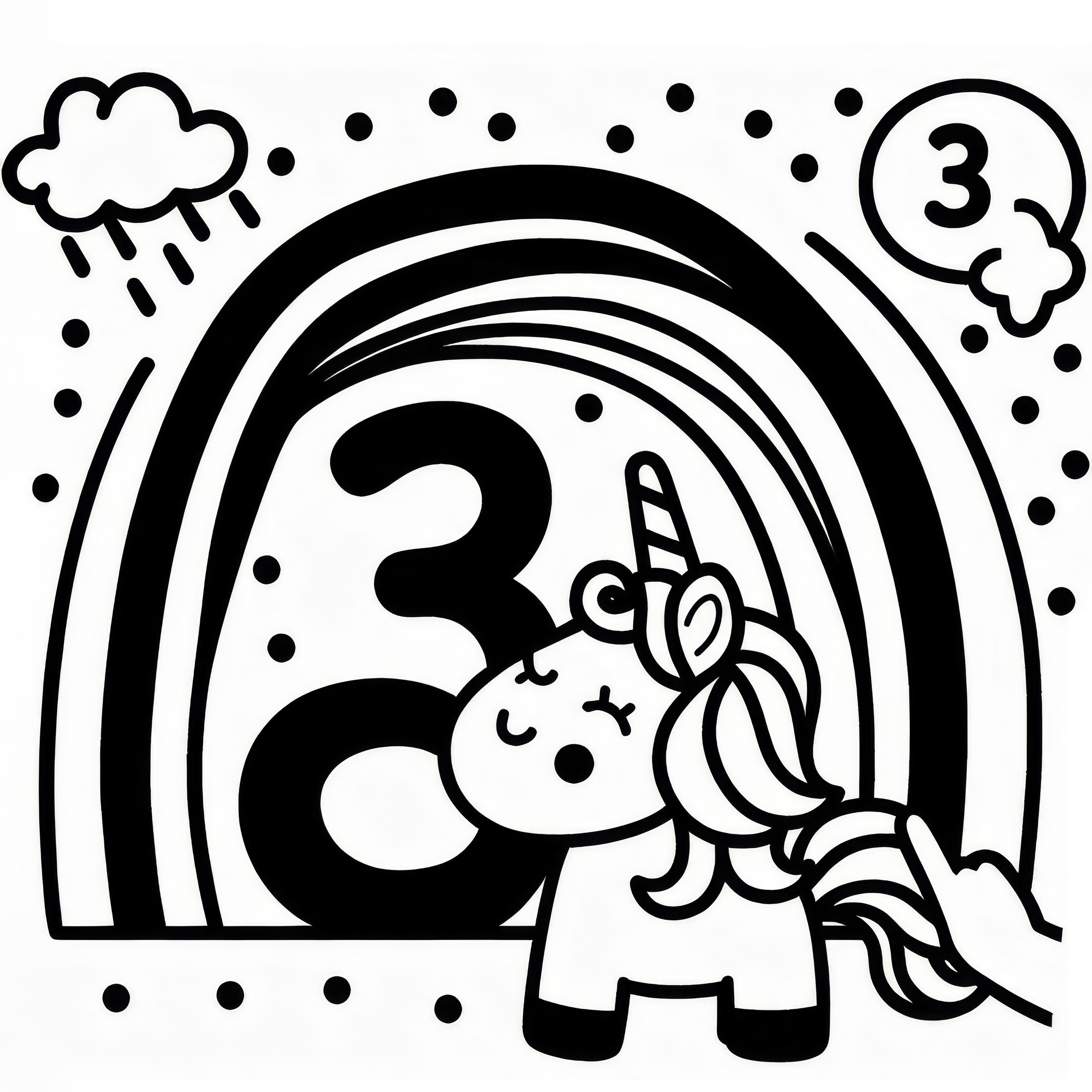 Number 3 with rainbow and unicorn: Coloring picture for download (Free)