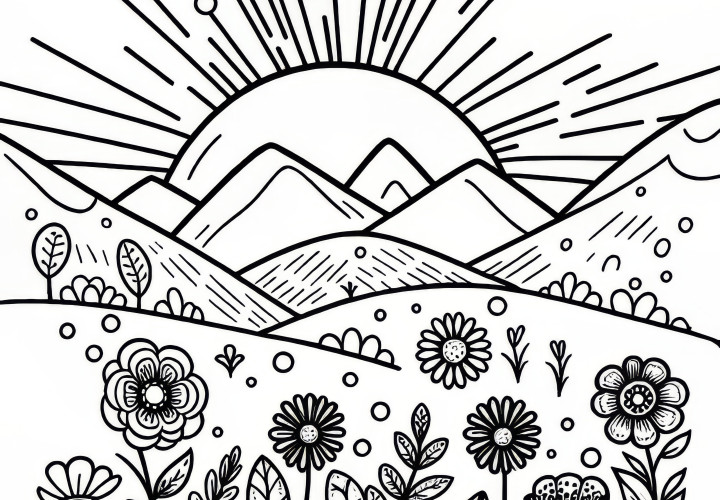 Rising sun behind mountain landscape: March coloring page (Free)