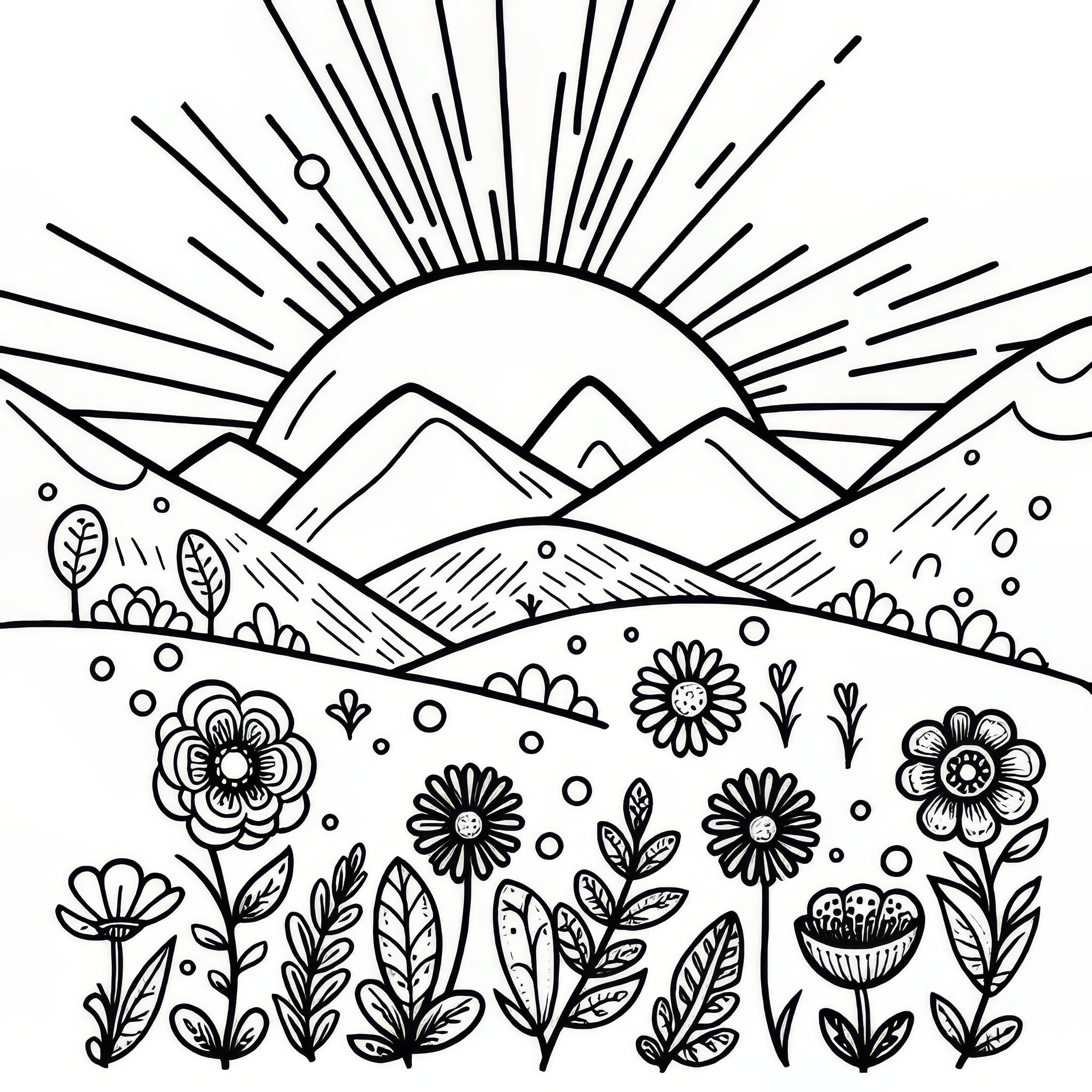 Rising sun behind mountain landscape: March coloring picture (Free)