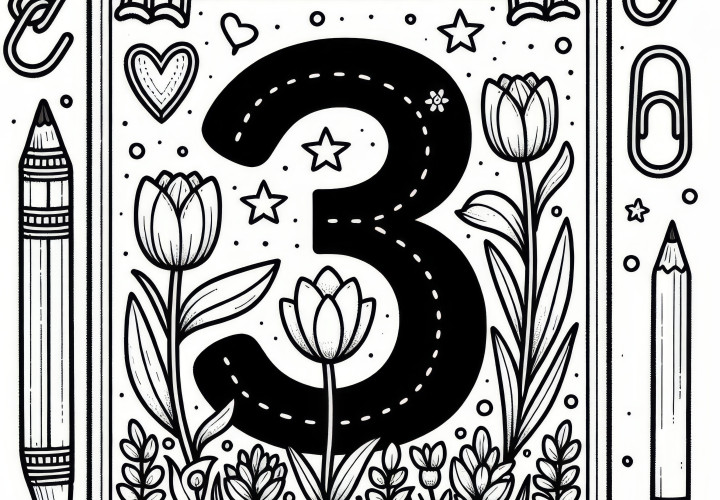 Number three with blooming tulips in March: Free coloring page