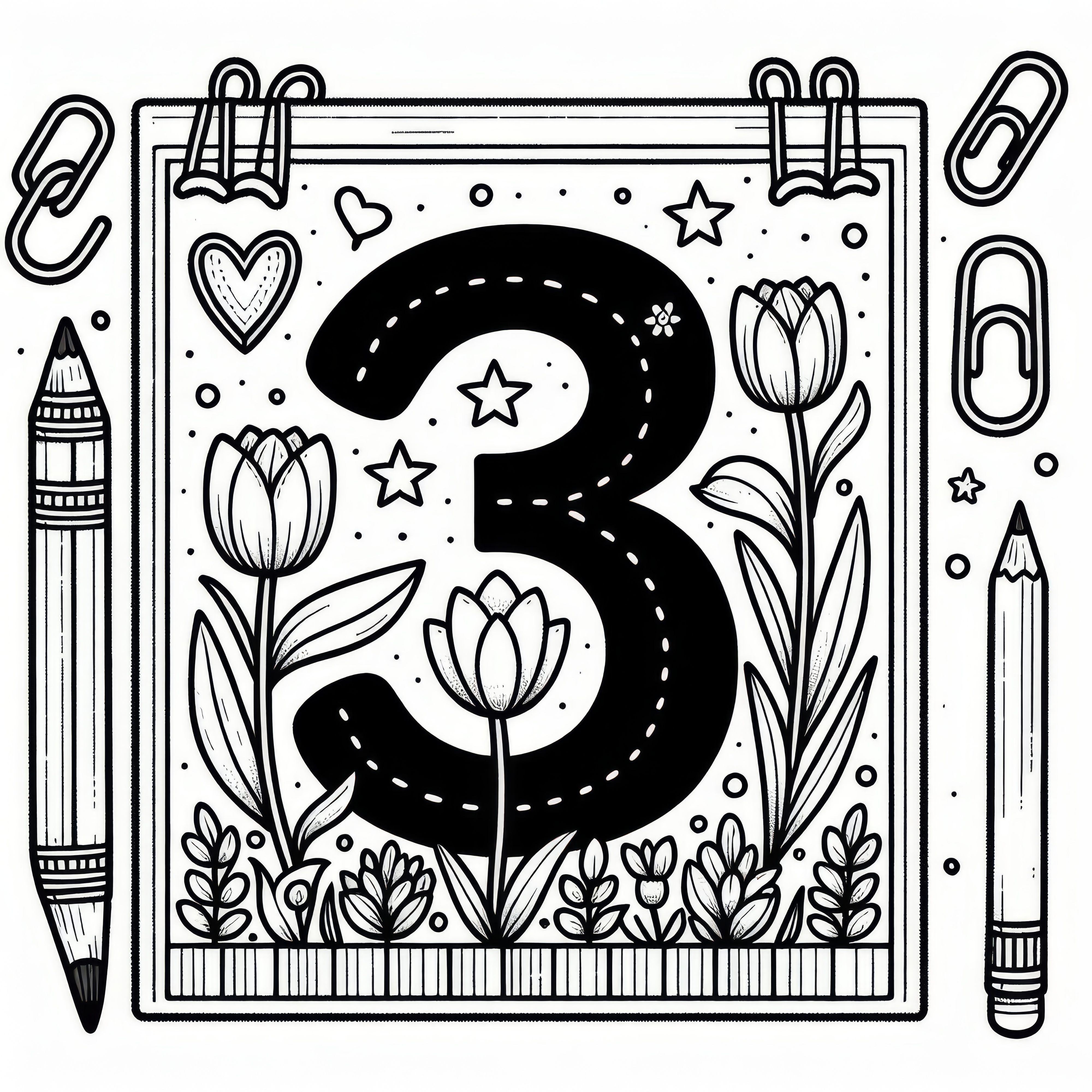 Number three with blooming tulips in March: Free coloring page