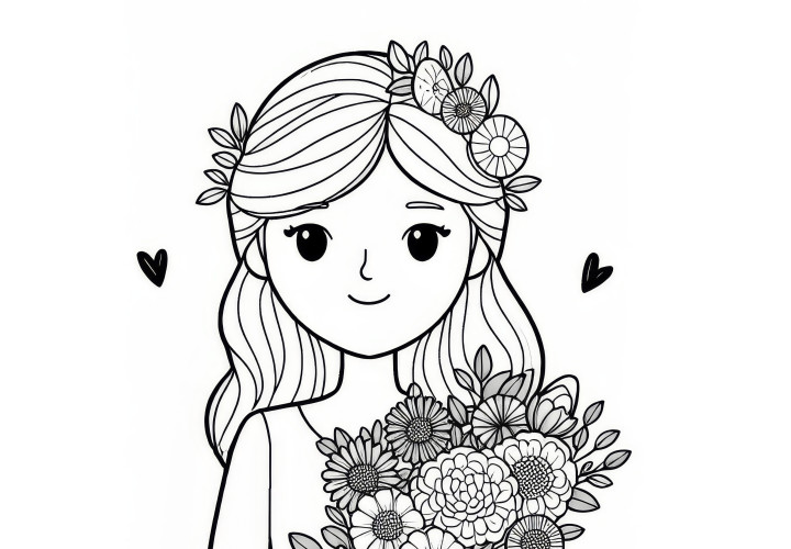 Young woman with a bouquet of flowers for International Women's Day: Simple coloring template (free)