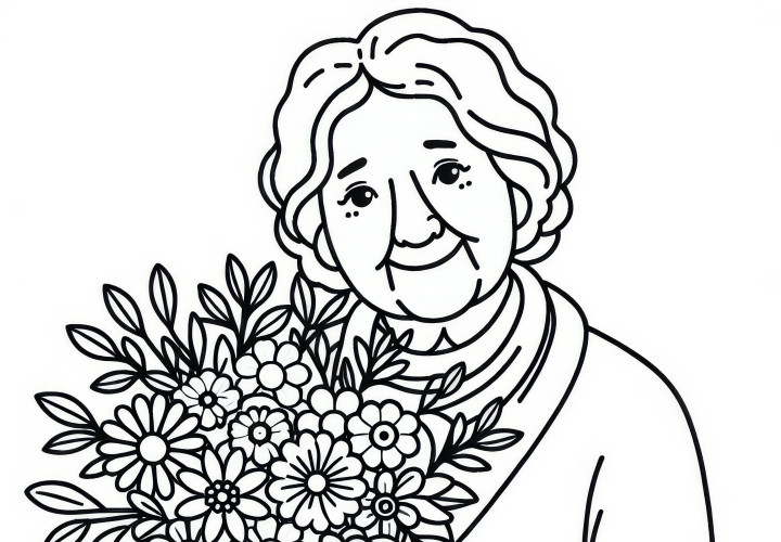 Old woman with a flower bouquet for Women's Day: Download simple coloring template for free