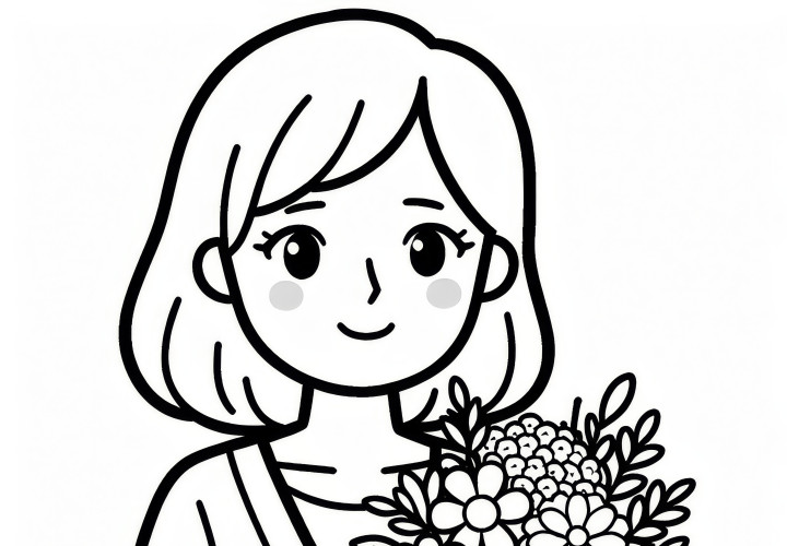 Woman holding a bouquet of flowers: Women's Day simple coloring page (Free)