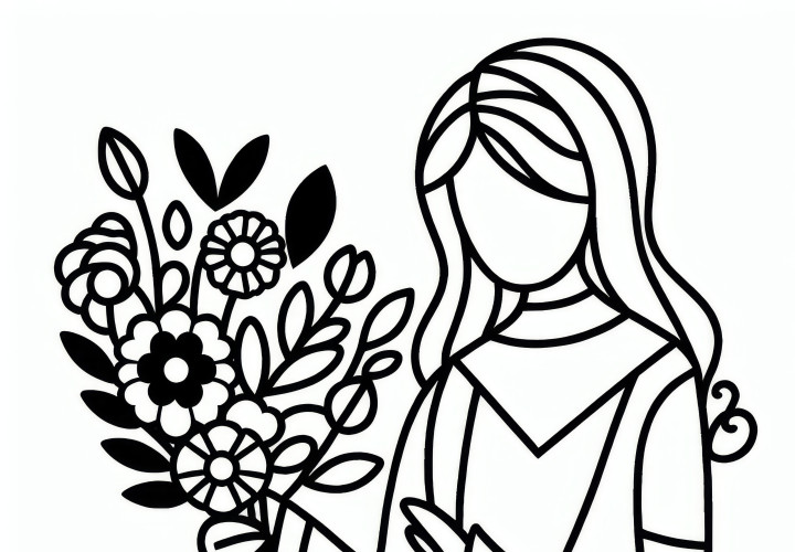 Woman with bouquet of flowers: Simple coloring page for International Women's Day (Free)