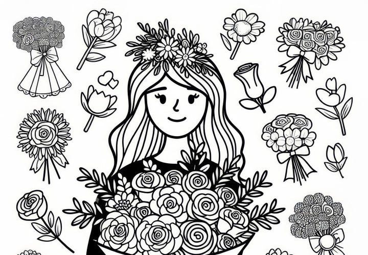 Bouquet of flowers for International Women's Day: Simple coloring page (Free)