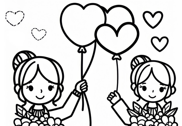 Women holding heart-shaped balloons in their hands: Coloring page for International Women's Day (Free)