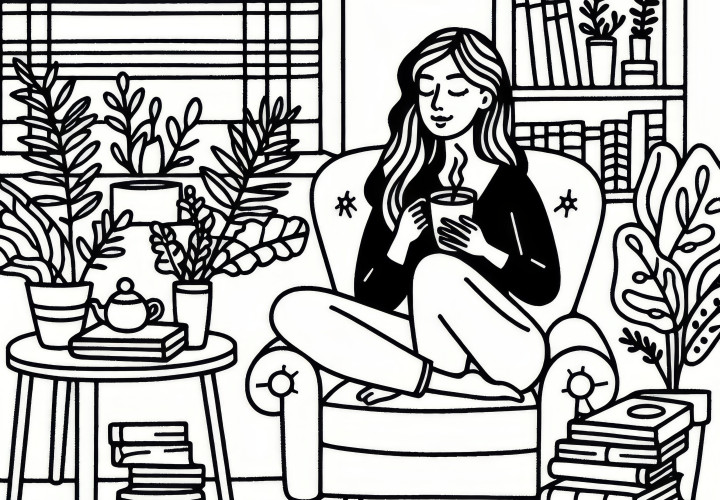 A woman relaxes in the armchair: Simple coloring page for International Women's Day (Free)