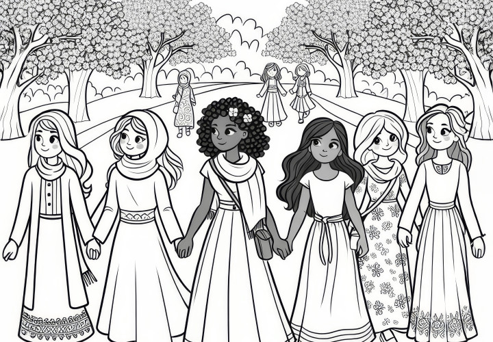 Women are walking in the park among blooming trees. (Free)