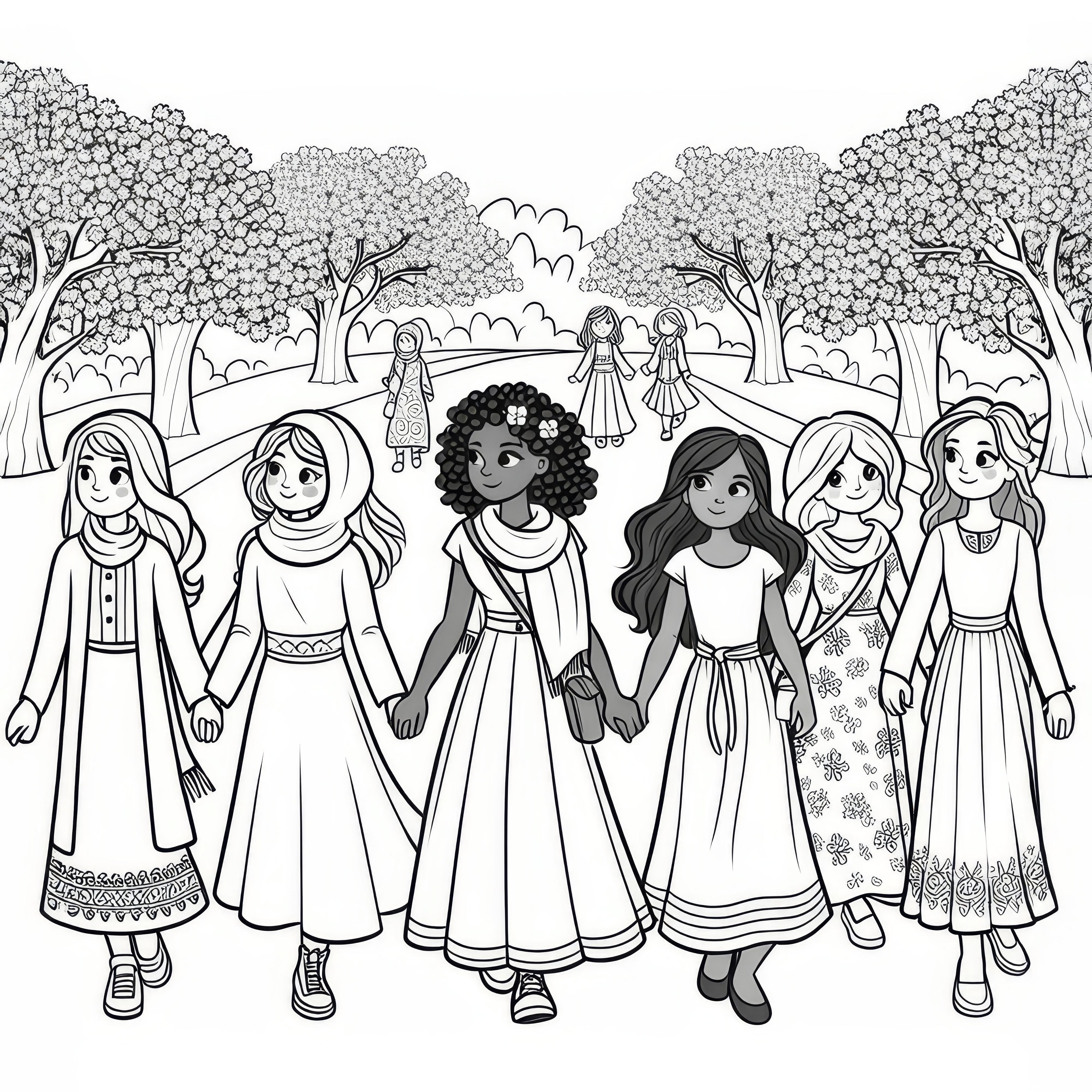 Women are walking in the park under blooming trees (Free)