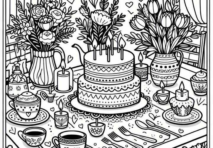 Festively set table with cake, tea and flowers: Coloring picture for International Women's Day (Free)