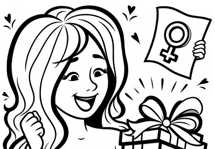 The woman opens a present and smiles: Coloring page for Women's Day (Free)