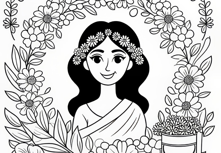 Flower wreath with a portrait of a smiling woman: International Women's Day coloring page (Free)