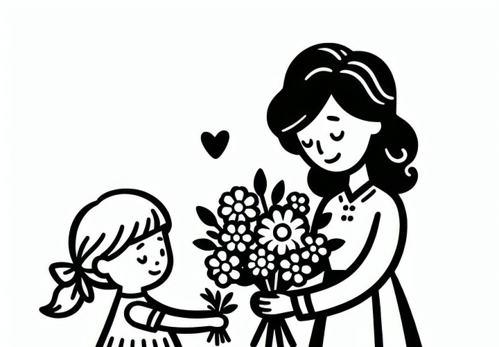 Child with bouquet of flowers for woman on International Women's Day: Simple coloring template (Free)