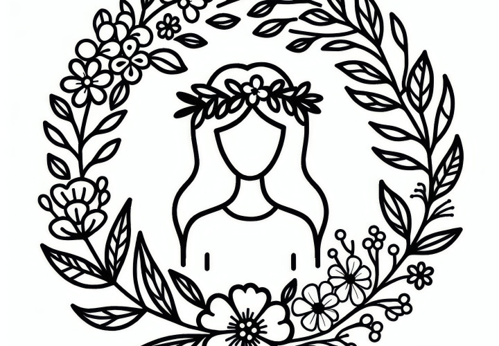 Flower wreath with flowers and leaves: coloring page for Women's Day (Free)