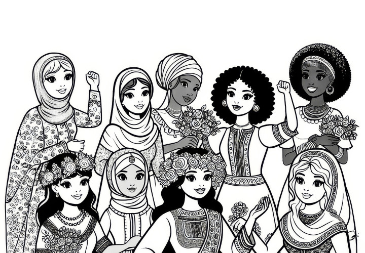 Women from different cultures in traditional clothing celebrate International Women's Day together. (Free)