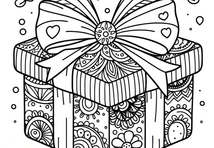 Gift box decorated with a ribbon: coloring page for International Women's Day (Free)