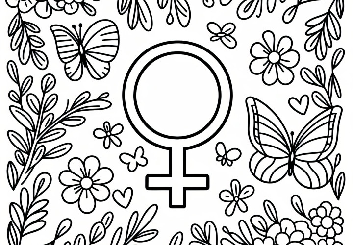 Female symbol surrounded by flowers and butterflies for Women's Day as a coloring page (Free)