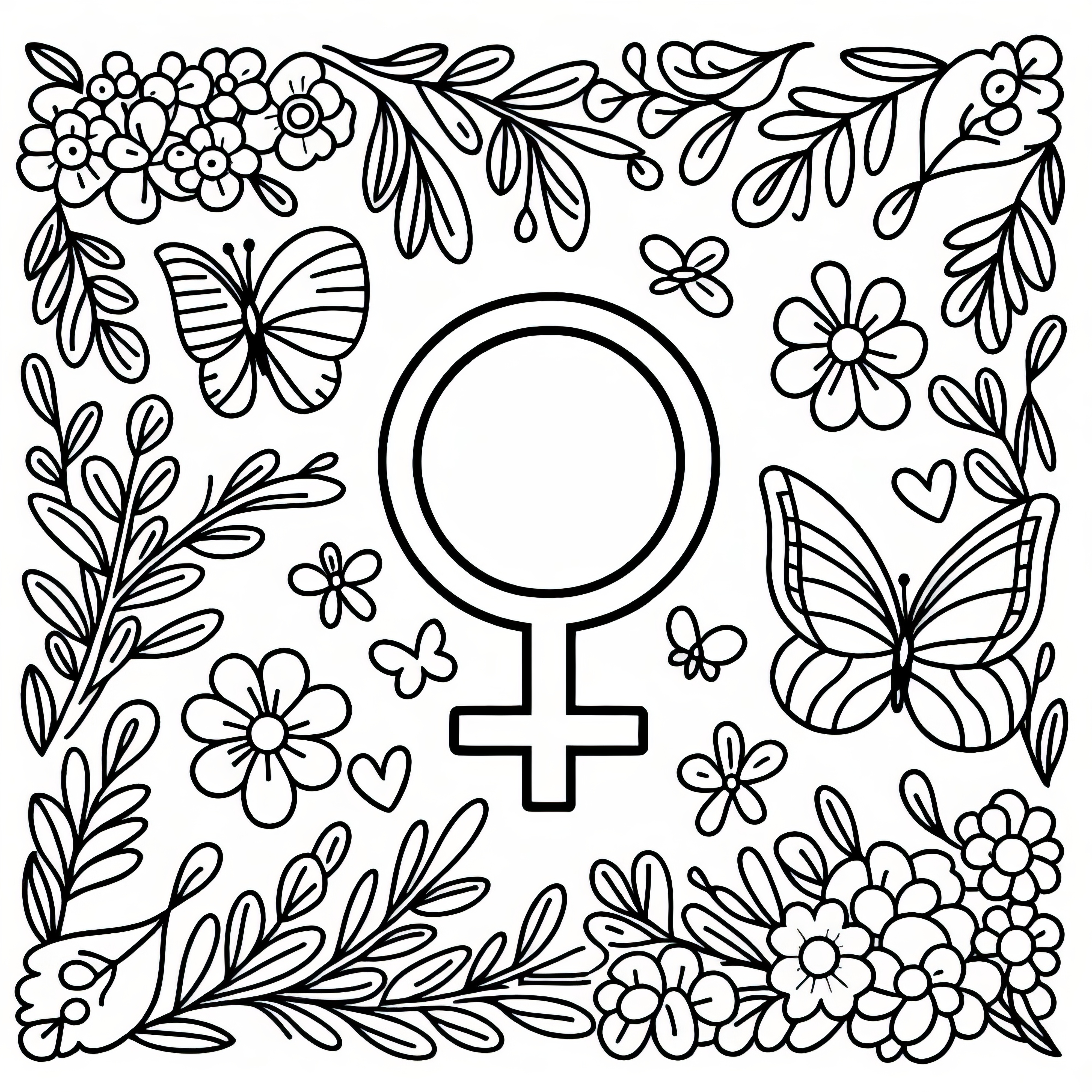 Women symbol surrounded by flowers and butterflies for International Women's Day as a coloring picture (Free)