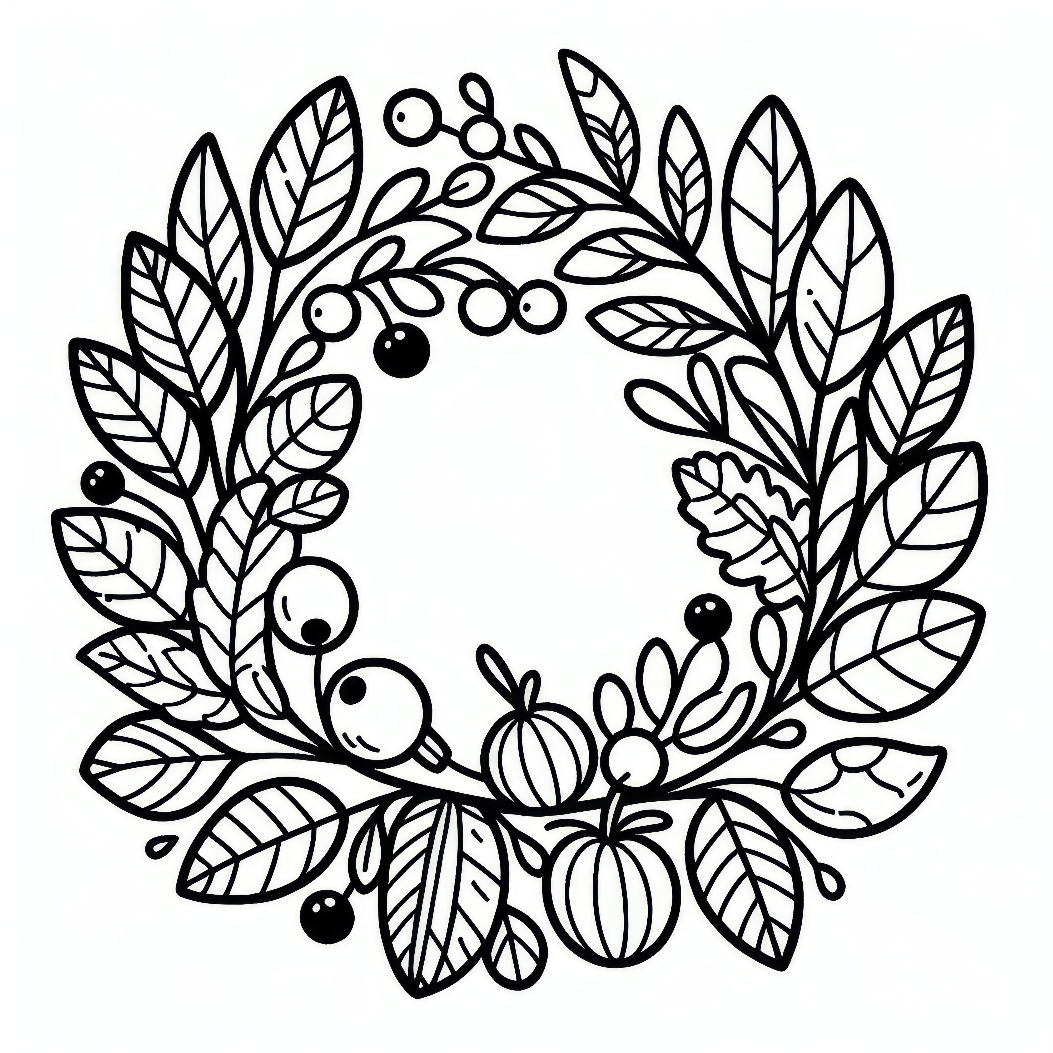 Autumn wreath with leaves, berries, and fruits: Coloring page for Thanksgiving (Free)