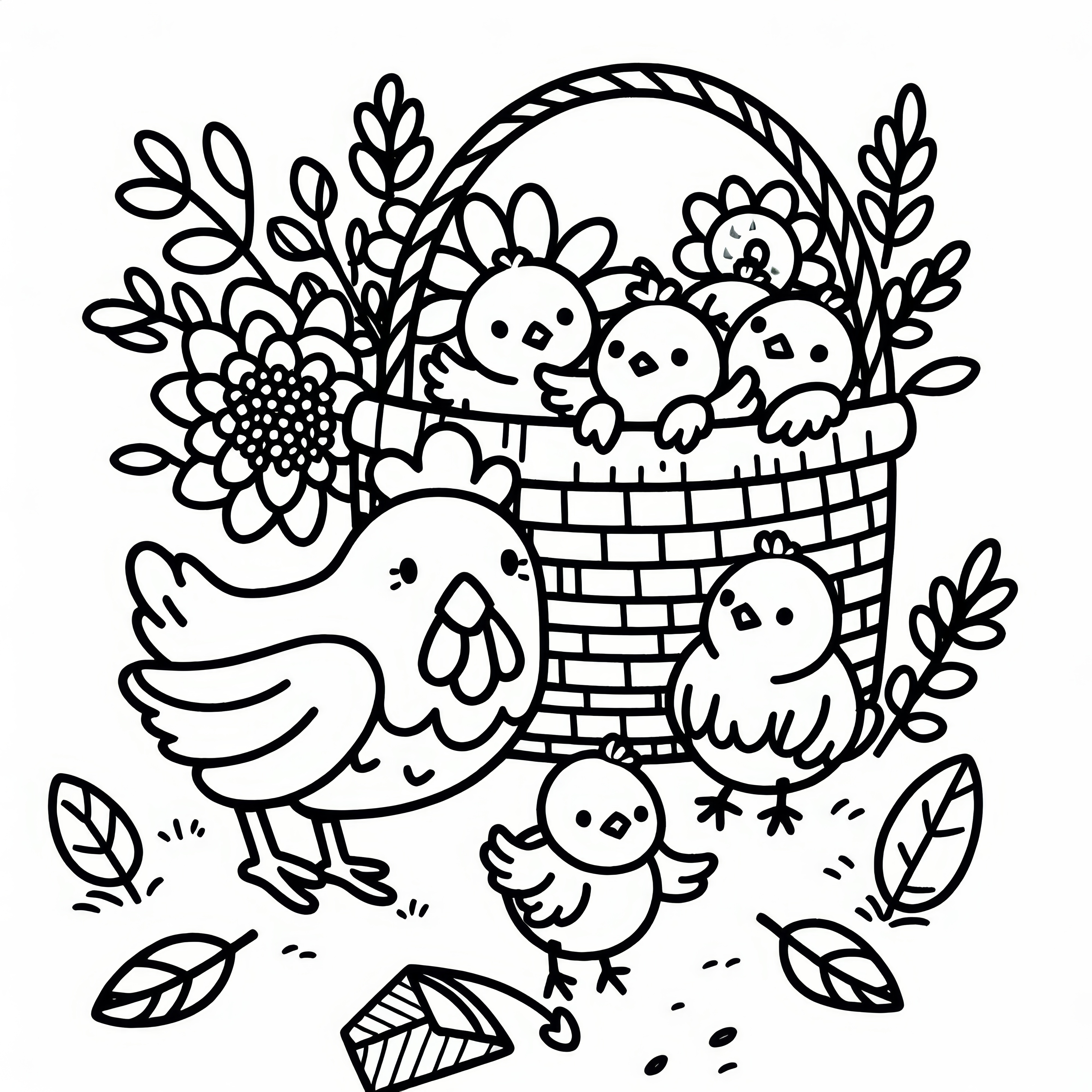 Chicken, chick, and basket for Thanksgiving: Simple coloring template (free)