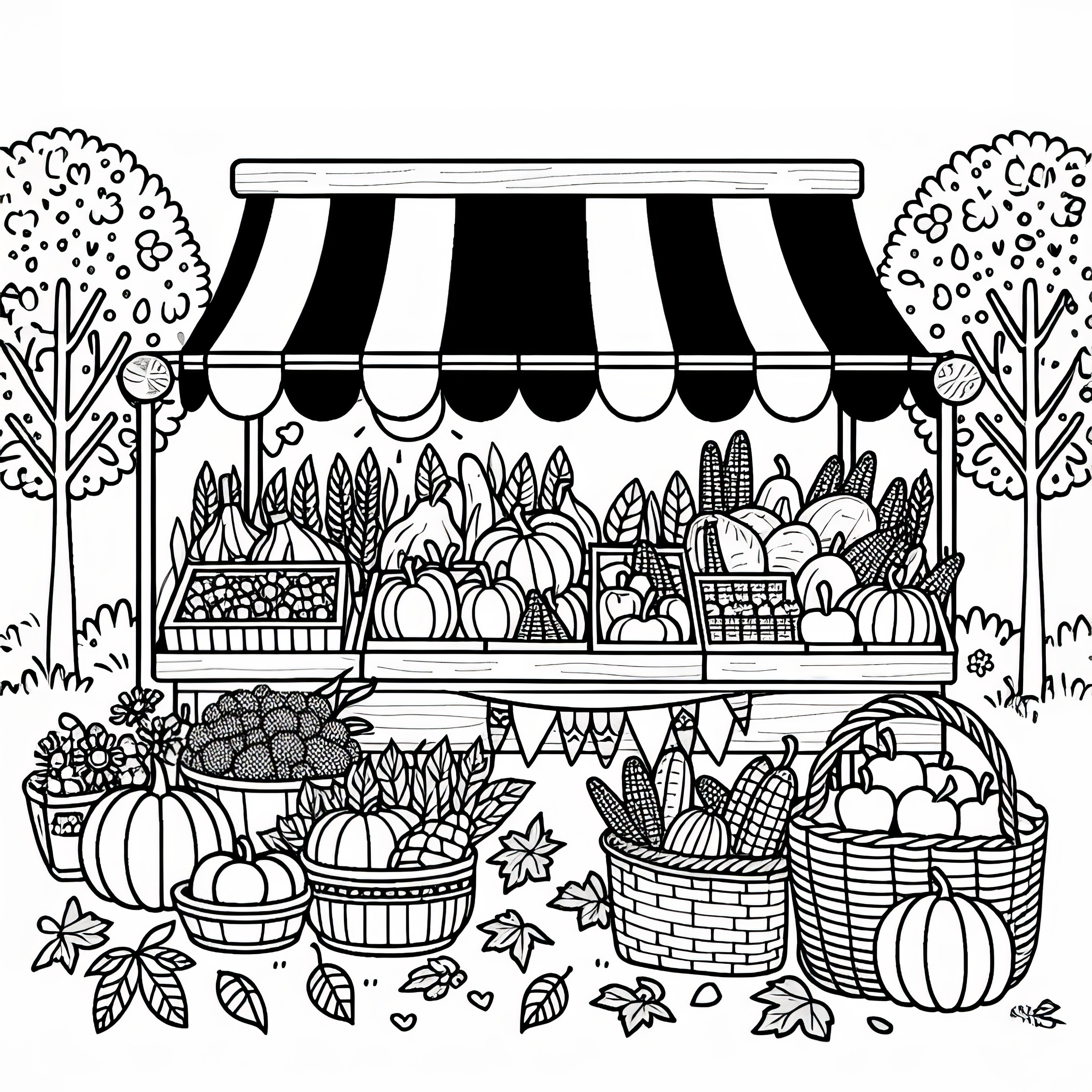 Market stall with harvest gifts for Thanksgiving: Coloring page to download (Free)