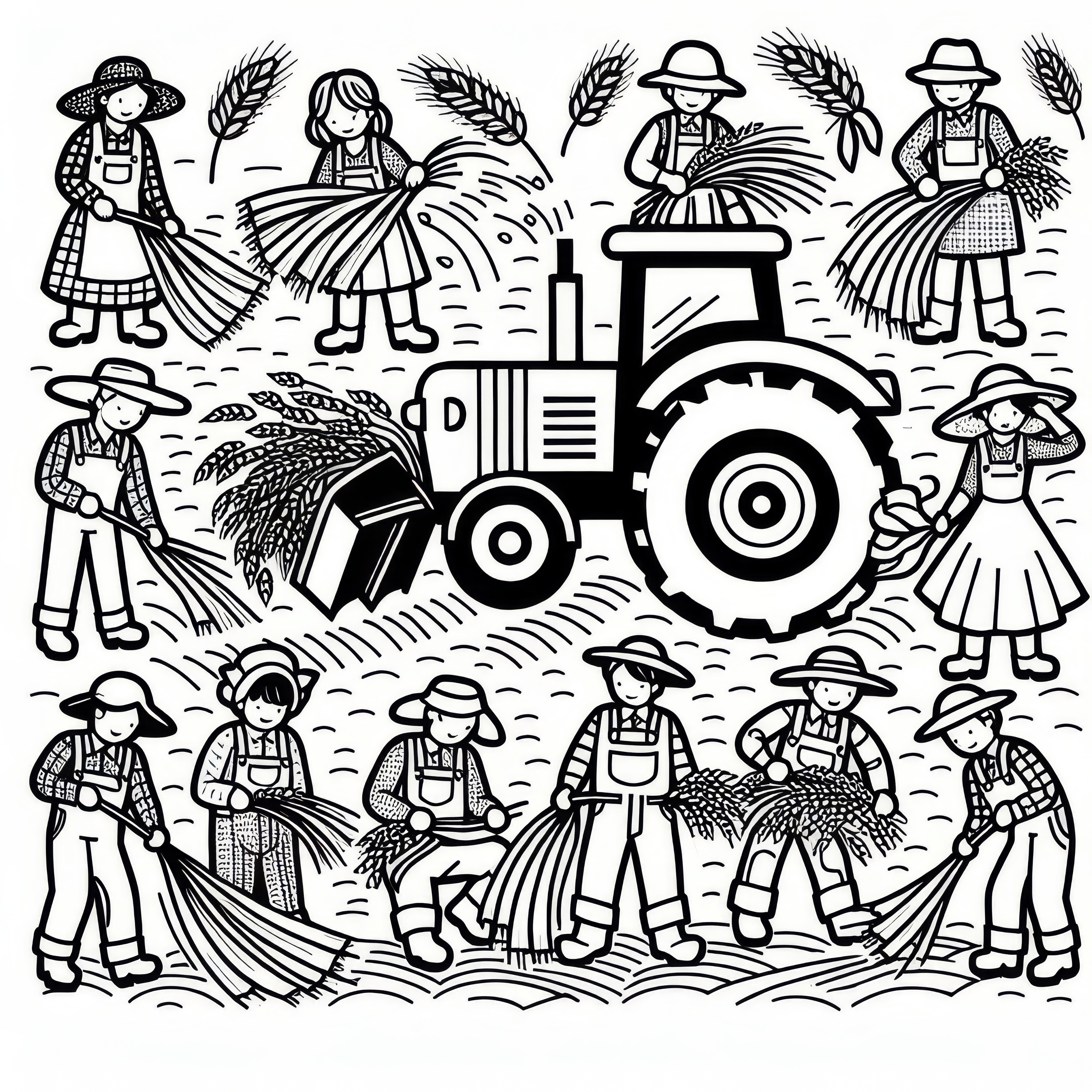 Farmers at the harvest with tractor: Simple coloring picture for Thanksgiving (Free)