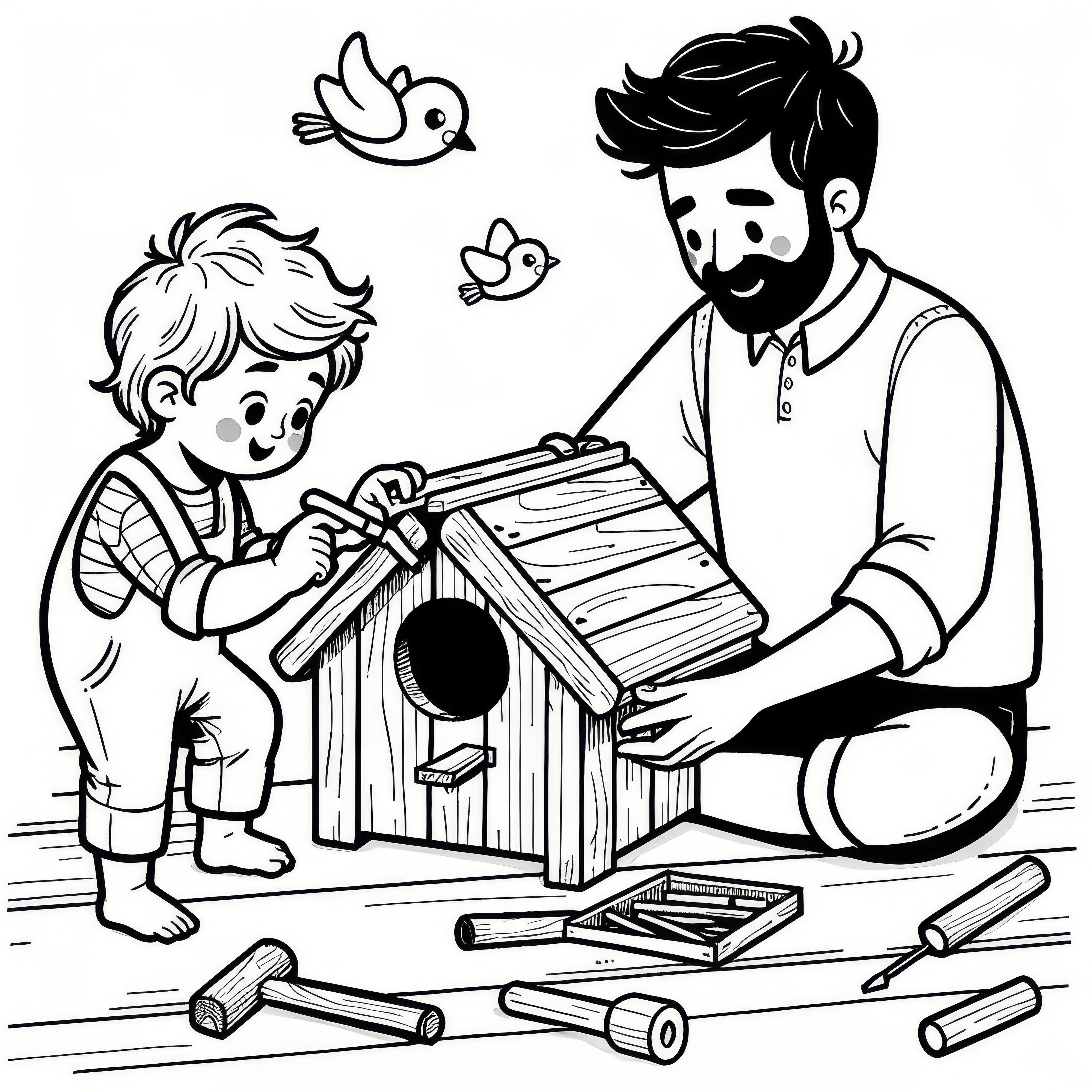 Ayah dan anak saat membangun rumah burung sebagai gambar mewarnai (Gratis)