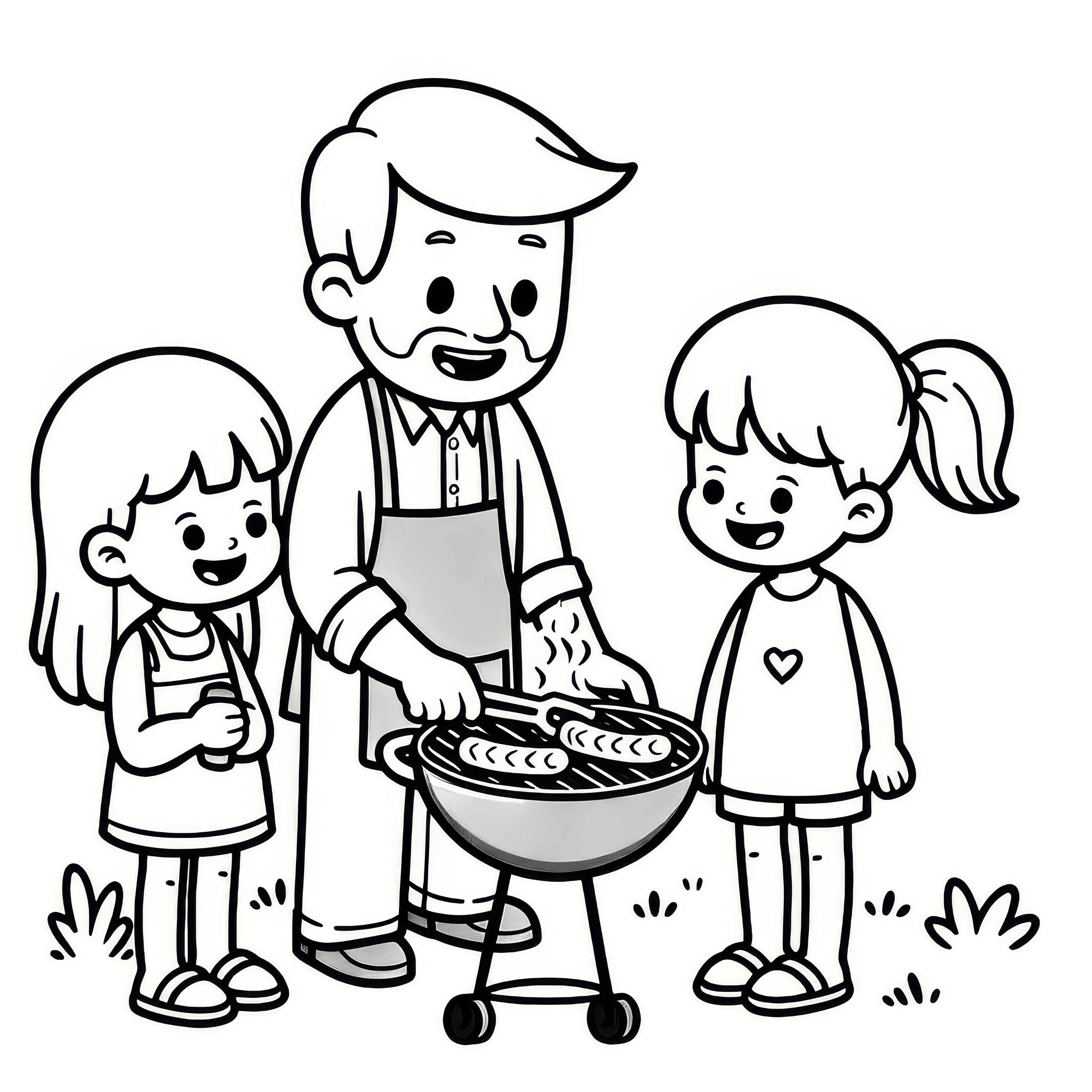 Father is barbecuing with children for Father's Day: Free coloring page Father grills with children for Father's Day: Free coloring page