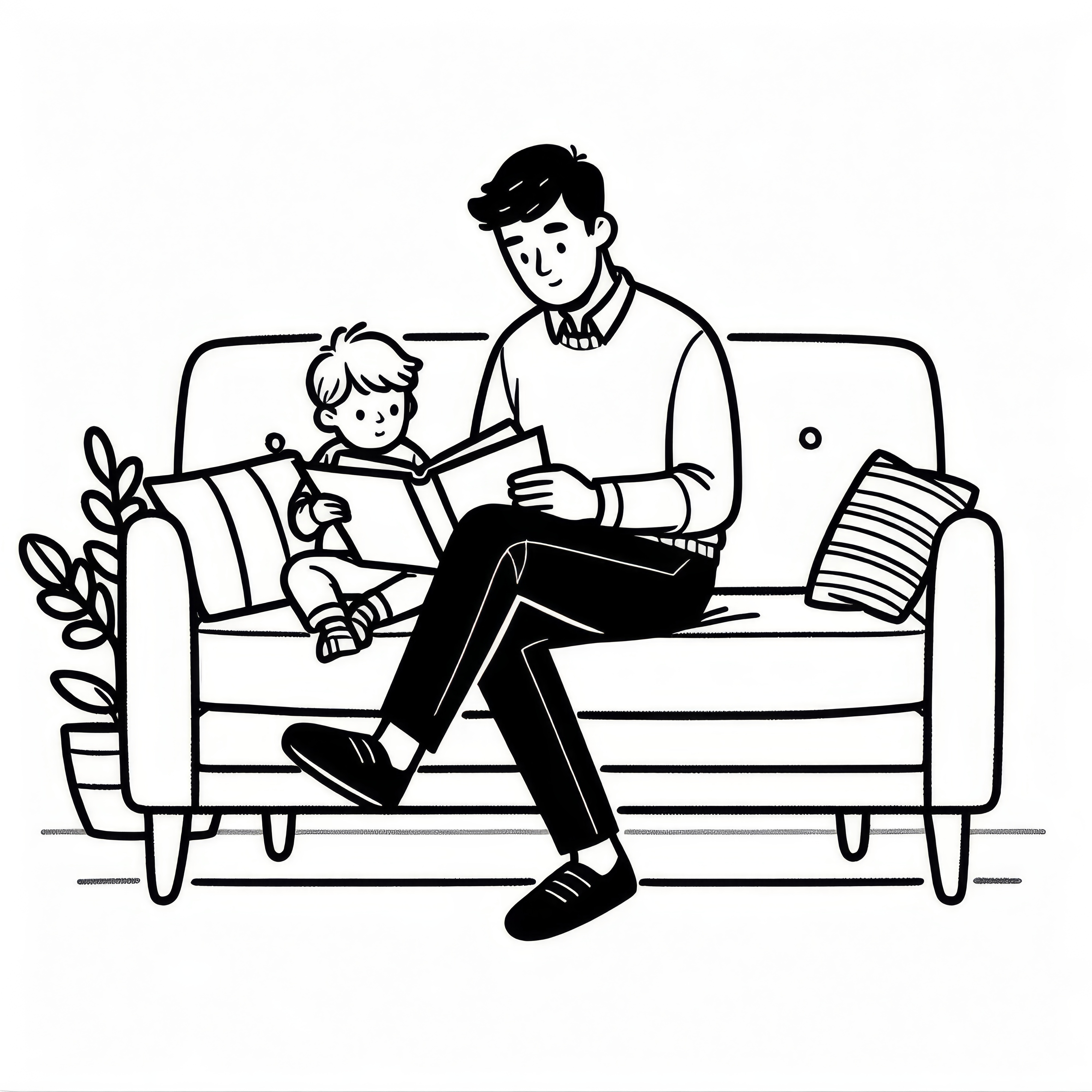 Ayah membacakan anak sebuah cerita di sofa pada Hari Ayah: Gambar mewarnai sederhana (Gratis)