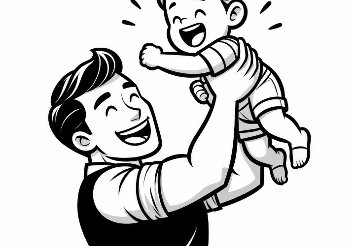 Ayah mengangkat anak tinggi-tinggi di udara pada Hari Ayah: Gambar mewarnai sederhana (Gratis)