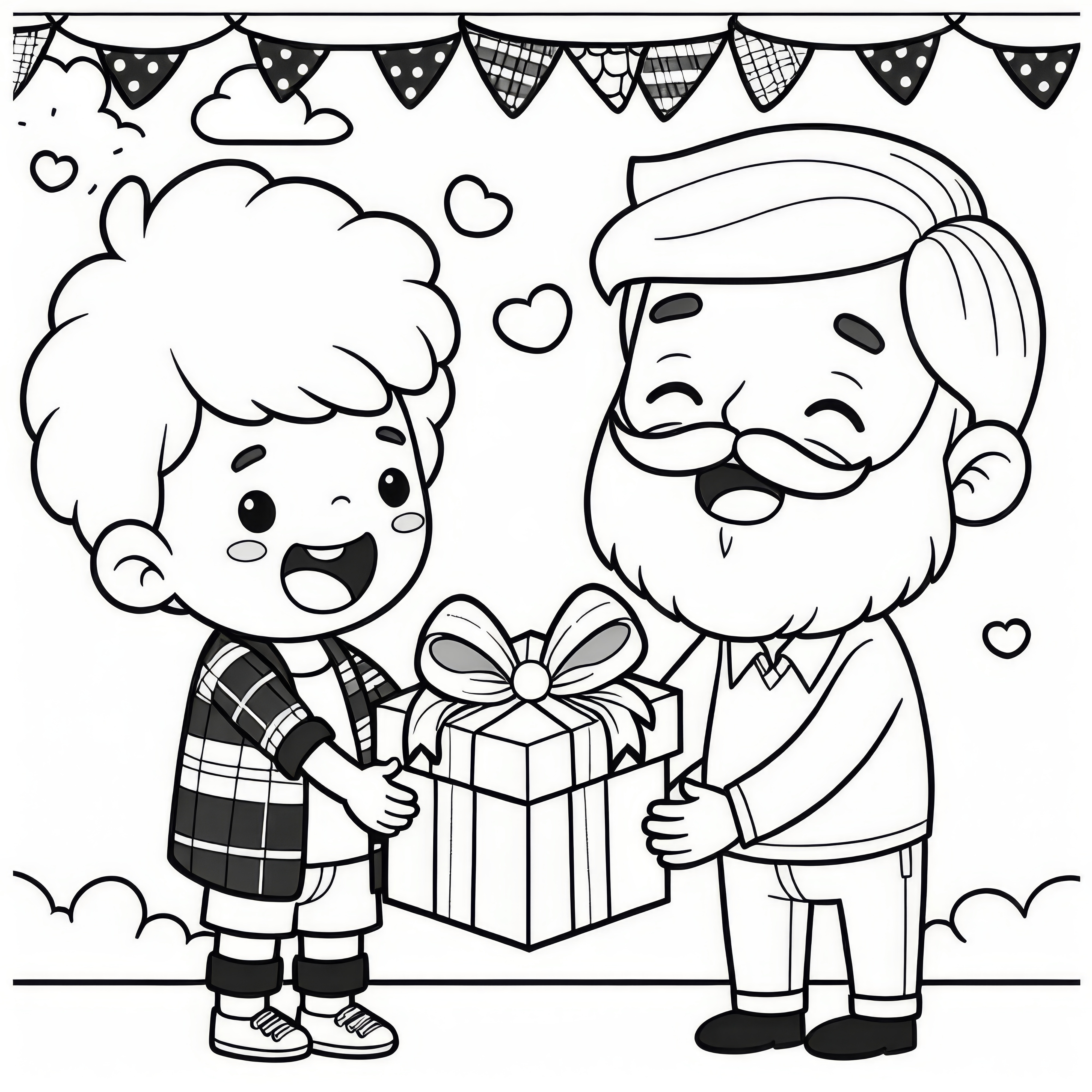 Child hands father a gift on Father's Day: Free coloring page Child presents father with a gift on Father's Day: Free coloring page