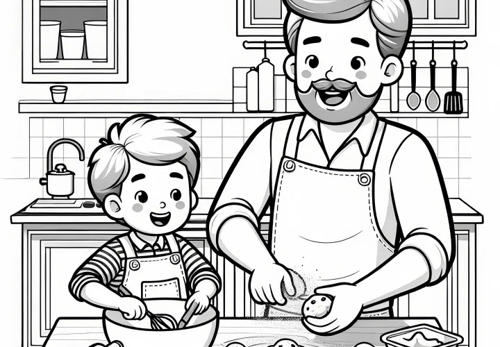 Ayah dan anak membuat kue: Gambar mewarnai untuk Hari Ayah (Gratis)