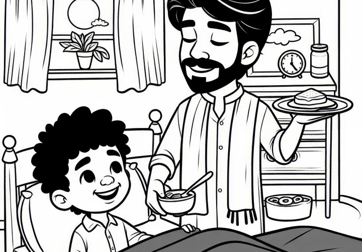 Ayah dan anak sarapan bersama di tempat tidur untuk Hari Ayah: Gambar mewarnai untuk diunduh (Gratis)