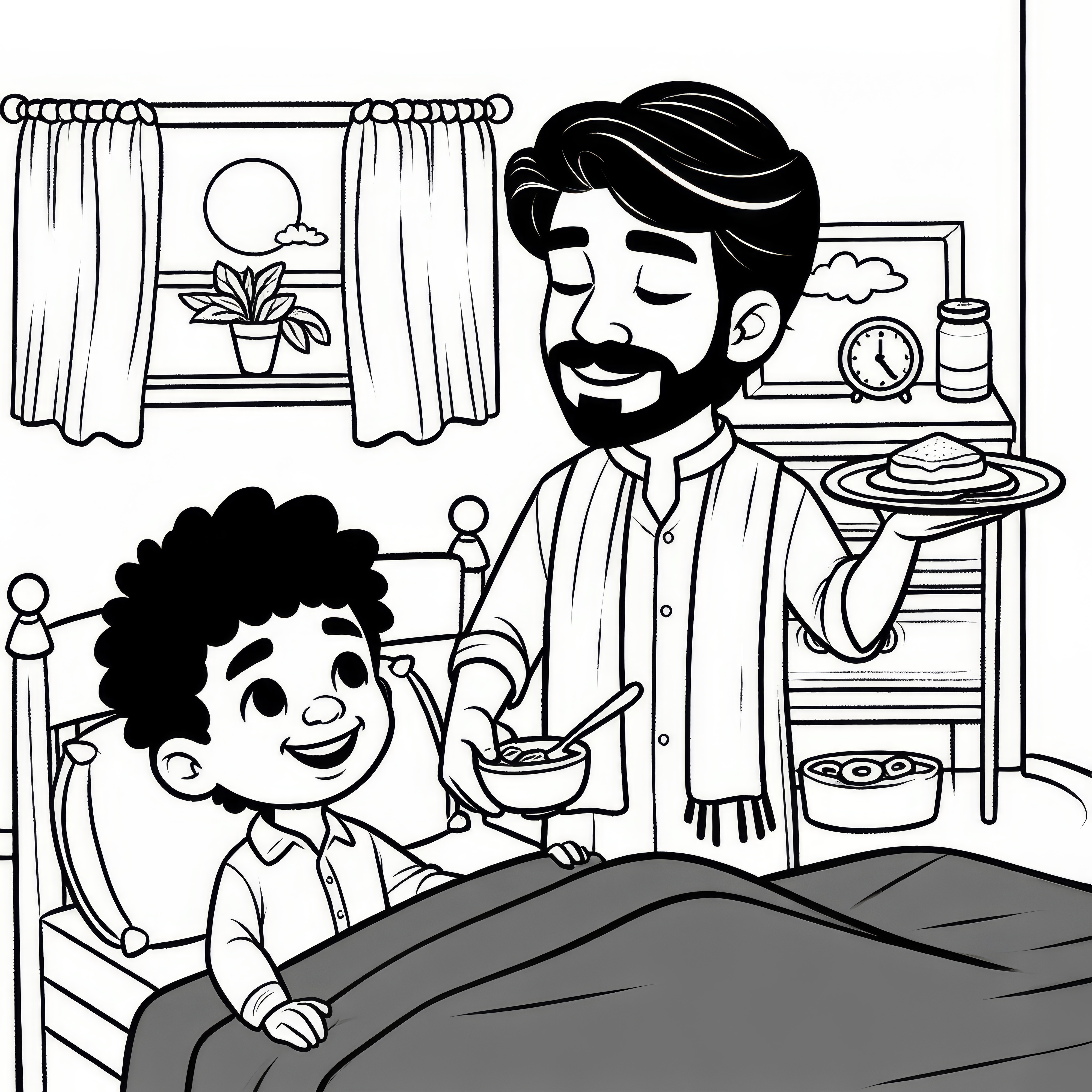 Ayah dan anak sarapan bersama di tempat tidur untuk Hari Ayah: Gambar mewarnai untuk didownload (Gratis)