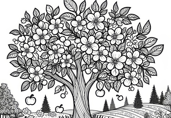 Blossoming apple tree in full splendor in May: Free coloring sheet