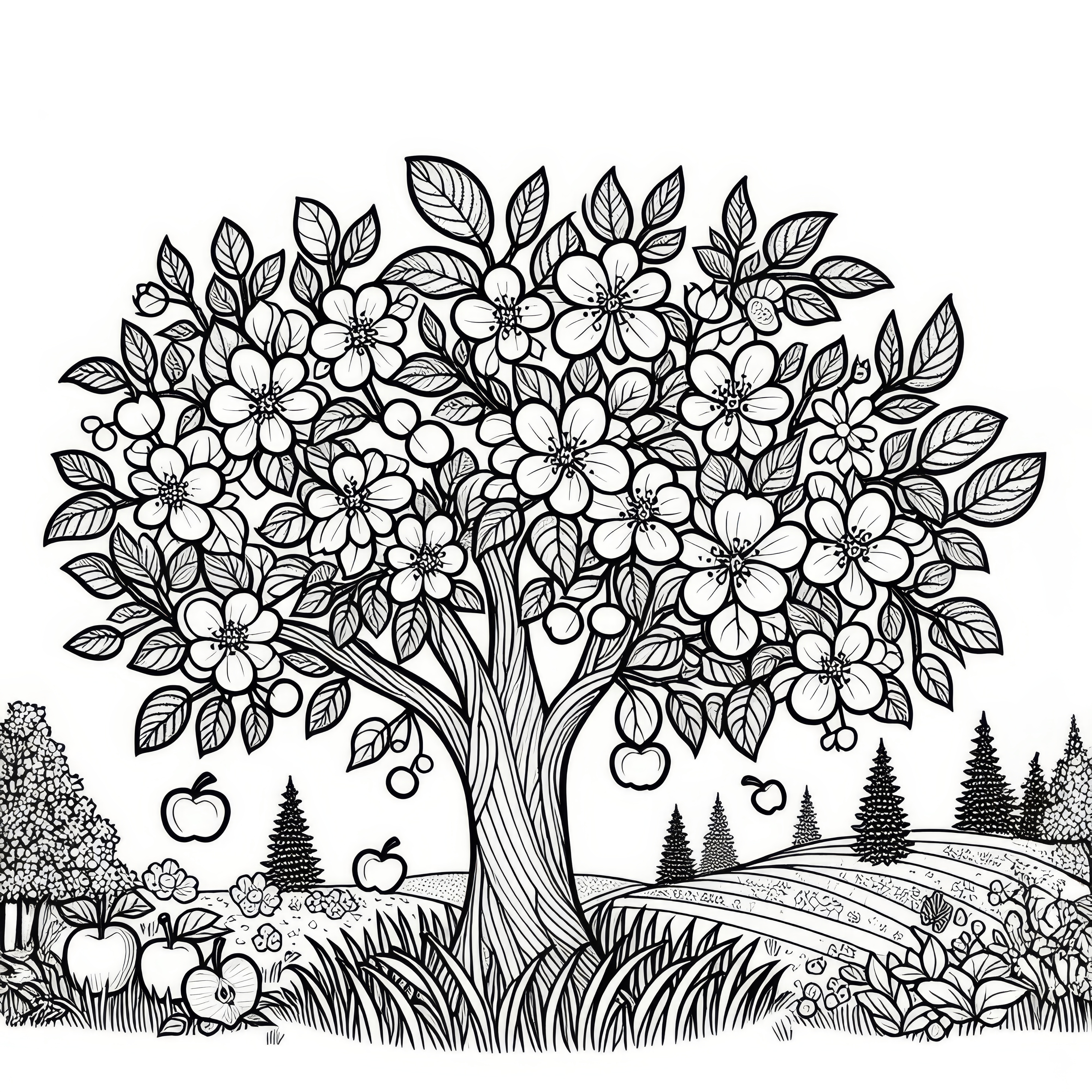 Blooming apple tree in full splendor in May: Free coloring page