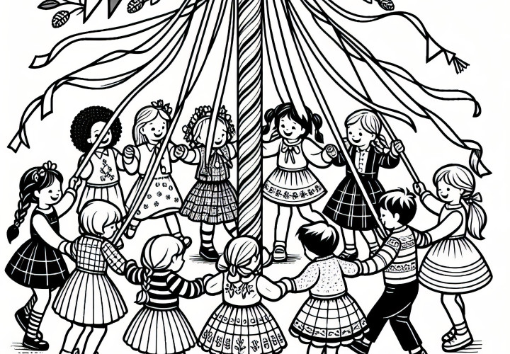 People celebrate Maypole festival in May: Coloring picture for download (Free)