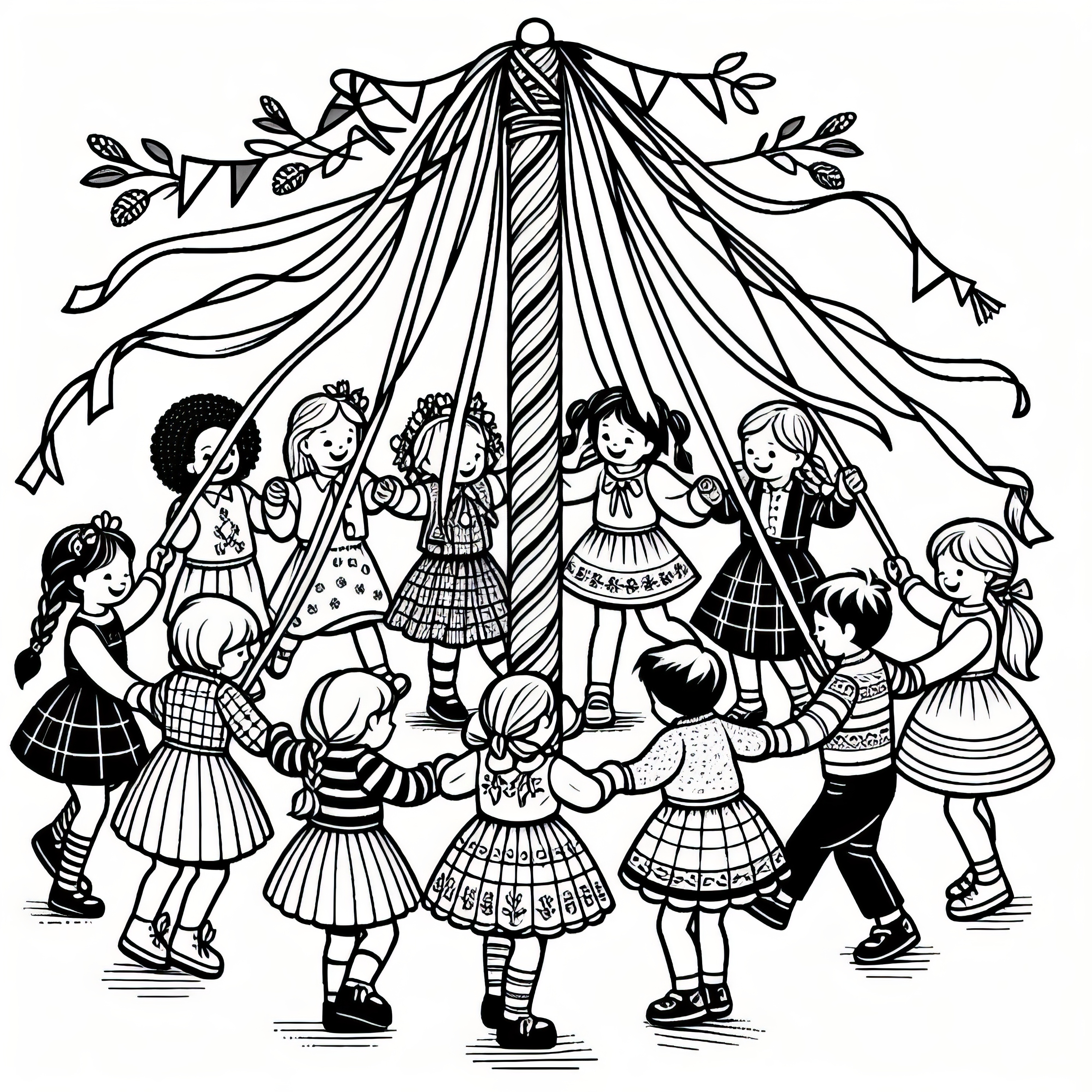 People celebrate Maypole festival in May: Coloring picture for download (Free)