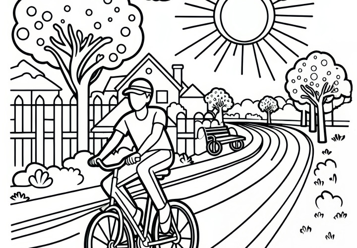 Cyclist rides through a sunny avenue in May: Coloring page for download (Free)