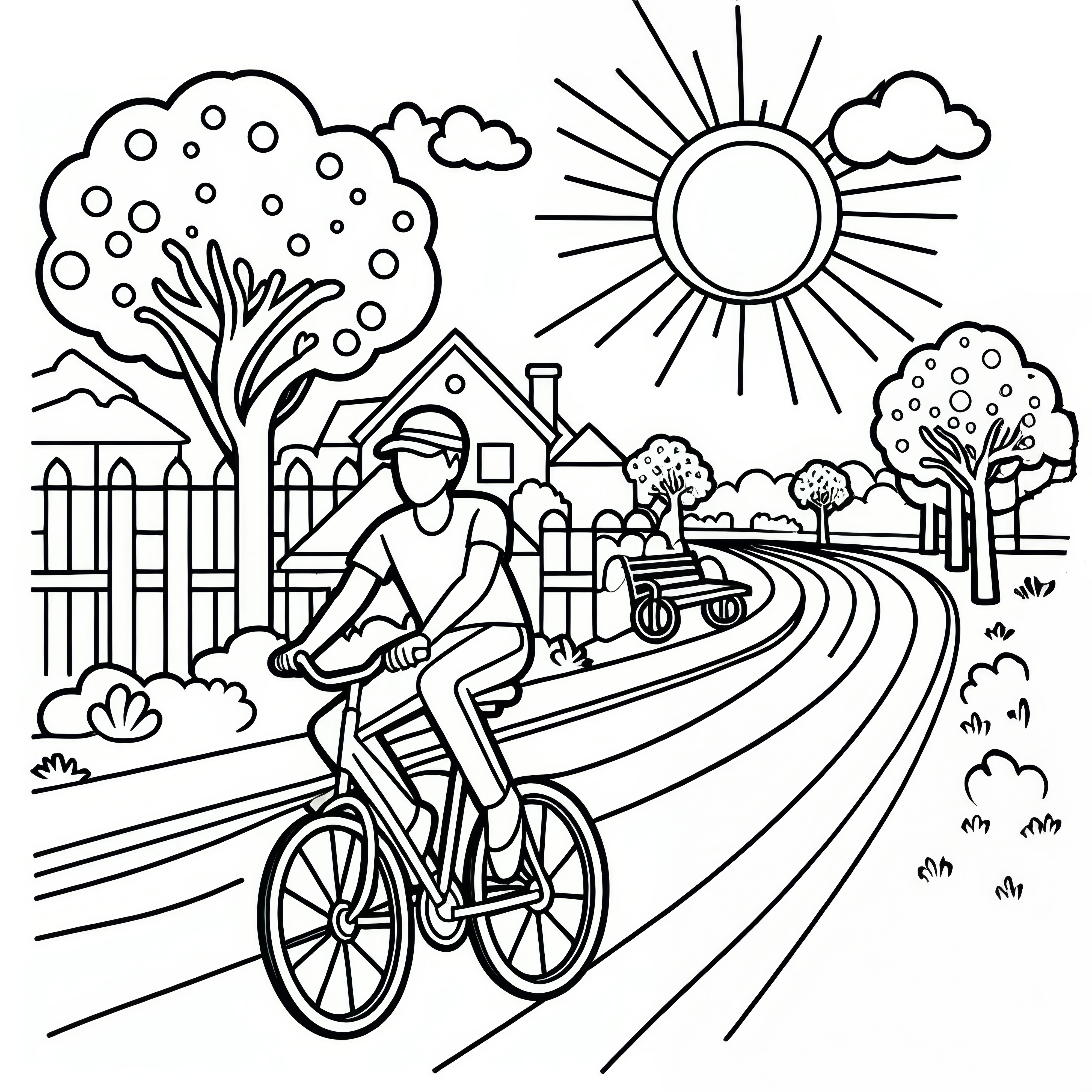 Cyclist rides through a sunny avenue in May: Coloring picture for download (Free)