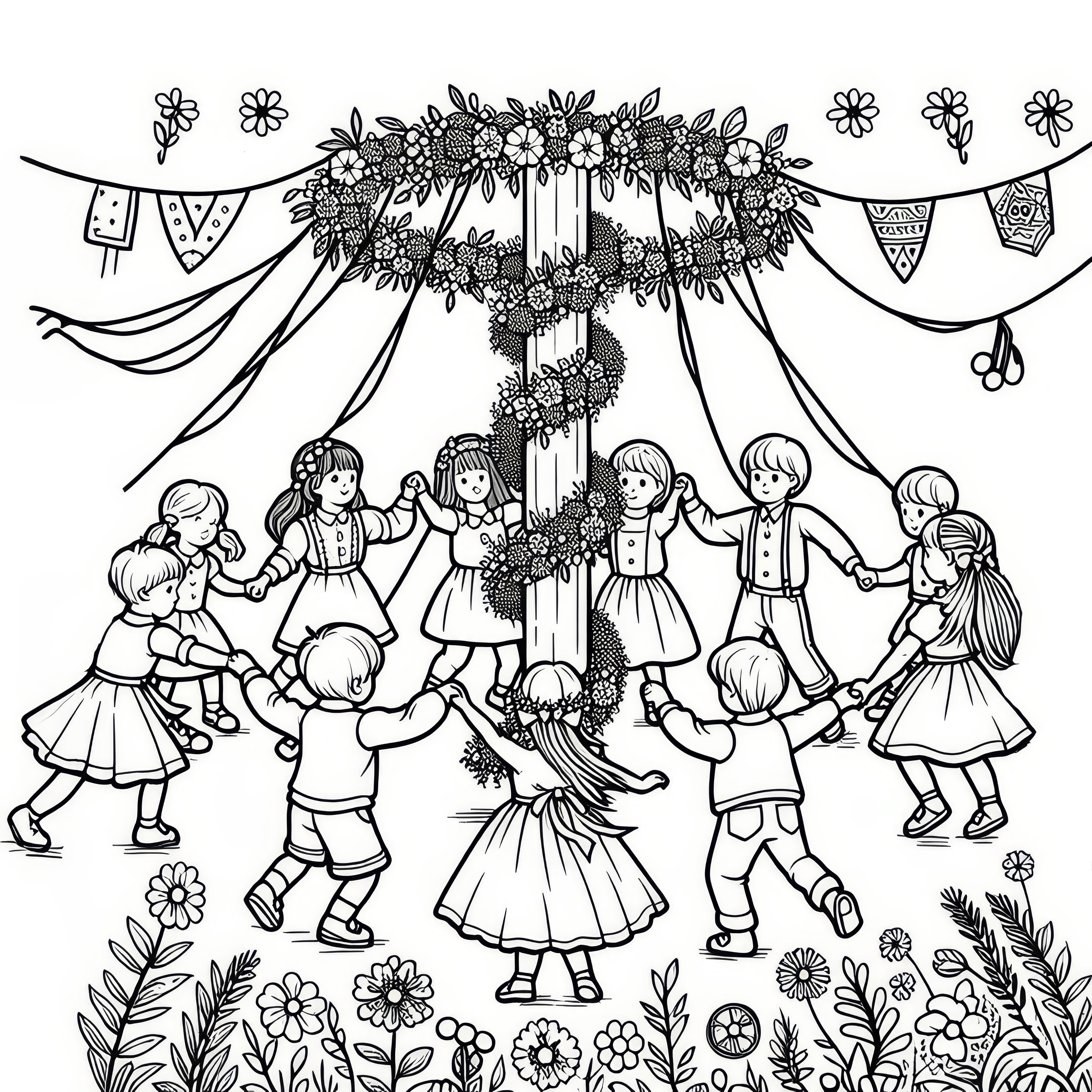 Children dance with flower crowns around the maypole: Free coloring picture